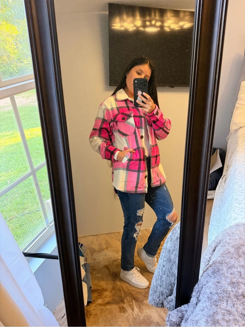 Zenana Outfitters Pink Plaid Button-Front Jacket size S